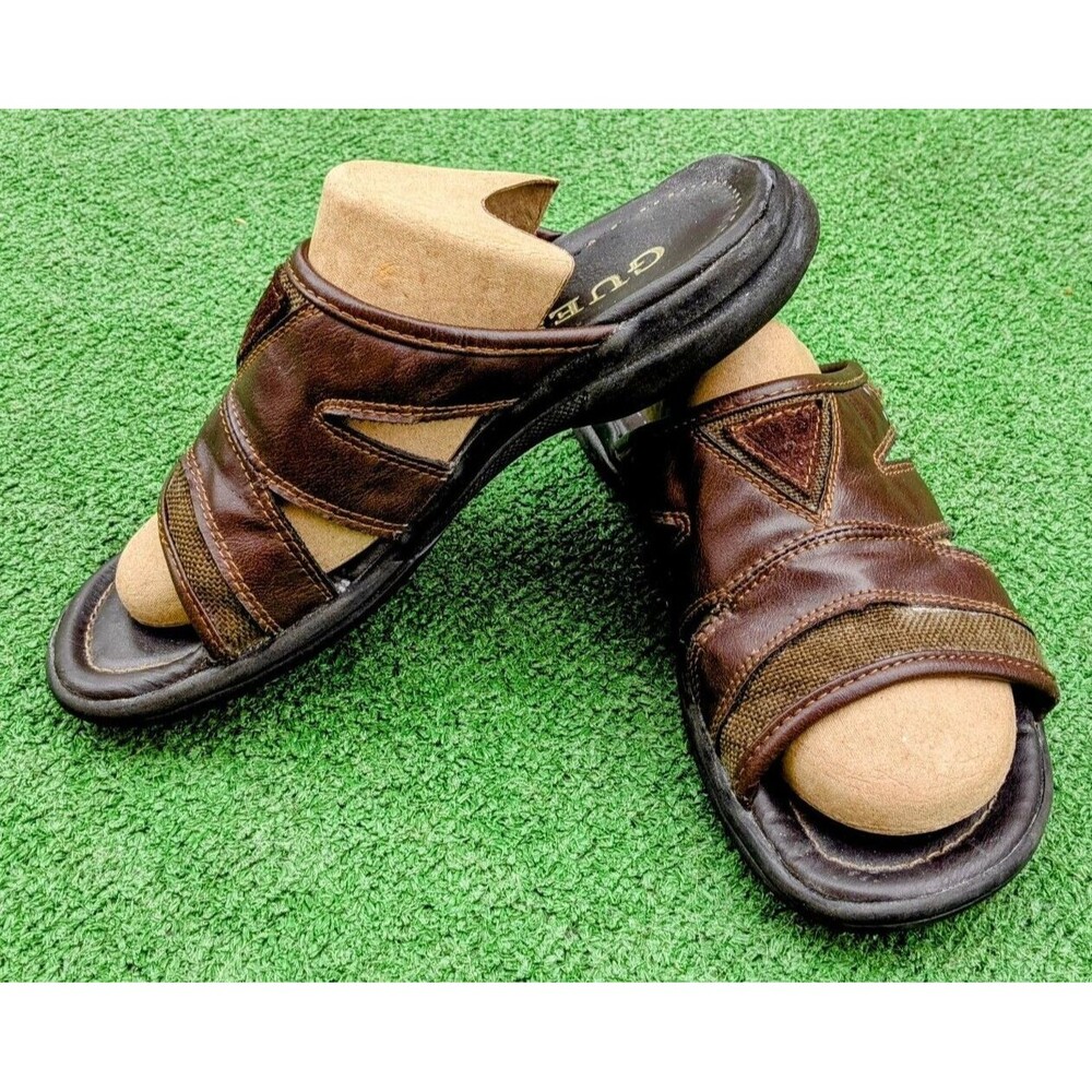 Vintage Guess? Brown Leather Straps Mgyanni Mens8M Sandals Fair Condition Slides